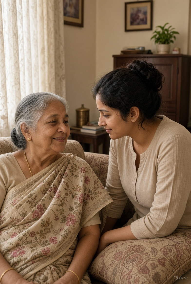 A scene illustrating post-surgery care at home at home in India